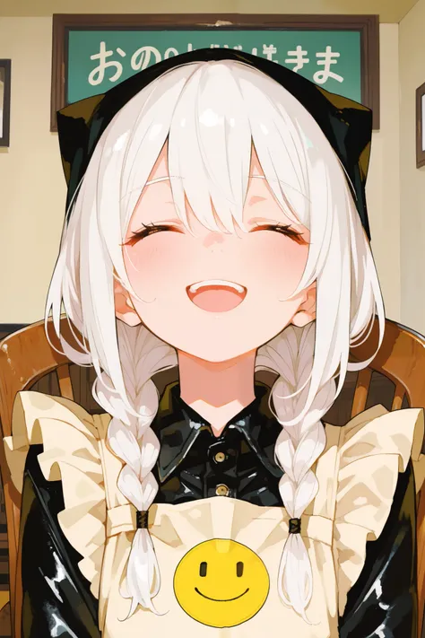 Smiling anime girl, long white hair with braids, Anime style, apron, portrait in the foreground, half body, front view looking forward, smiley look soft leather, Minimum fund, interior environment, Dim environment , sharp focus on the face, digital illust...