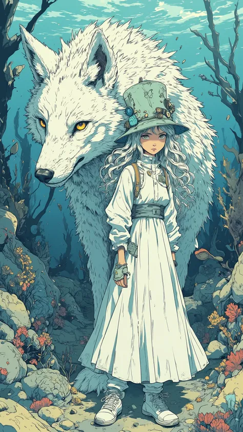 Imagine,underwater worlds, girl(21 years old,silver-white curls, long hair,gentleman hat with a mint green head,A huge silver snow wolf on the side of the light long dress,off-white canvas shoes)There is a huge snow fox beside it( There are reddish brown...