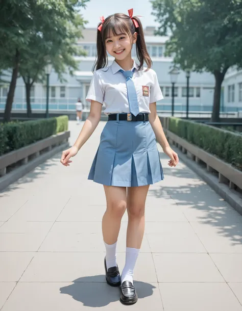 Masterpiece, hd, realistic, best quality, 1girl, cute girl, flat breasts, brown hair, twintails, hair ribbon, yellow eyes, smile, happy, ribbon, Indonesian school uniform, wearing white collared shirt, short sleeves, light blue necktie, belt, light blue pl...