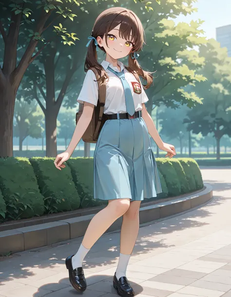Masterpiece, hd, best quality, 1girl, flat breasts, brown hair, twintails, hair ribbon, yellow eyes, smile, happy, ribbon, Indonesian school uniform, wearing white collared shirt, short sleeves, light blue necktie, belt, light blue pleated skirt, white soc...