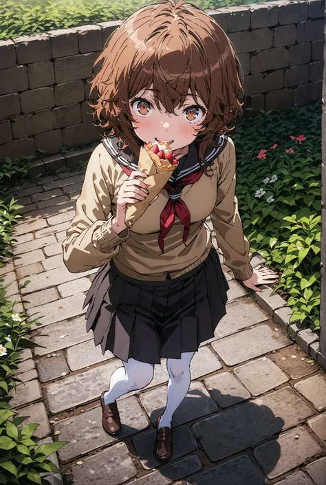 Liliru Card, Lilylka Alde, brown eyes, black cock, smile,cover,opens her mouth,short hair,Black sailor suit,red 弓tie, yellow cardigan , black mini pleated skirt ,white pantyhose as if it were in the illustration,loafers,Holding a crepe with one hand,garden...