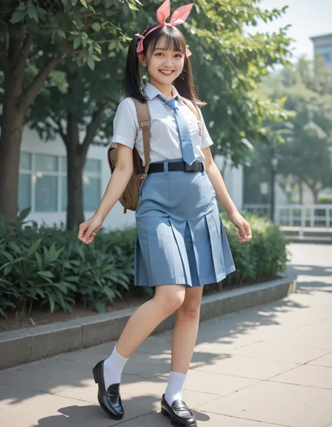 Masterpiece, hd, best quality, realistic, 1girl, flat breasts, black hair, twintails, hair ribbon, yellow eyes, smile, happy, ribbon, Indonesian school uniform, wearing white collared shirt, short sleeves, light blue necktie, belt, light blue pleated skirt...