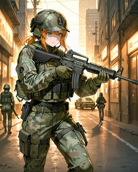 A soldier in urban camouflage gear with a tactical vest and helmet is aiming an M16A2 rifle down a city street. The background features tall buildings and an urban setting. The soldier is wearing green gloves and appears focused, with the gun aimed straigh...