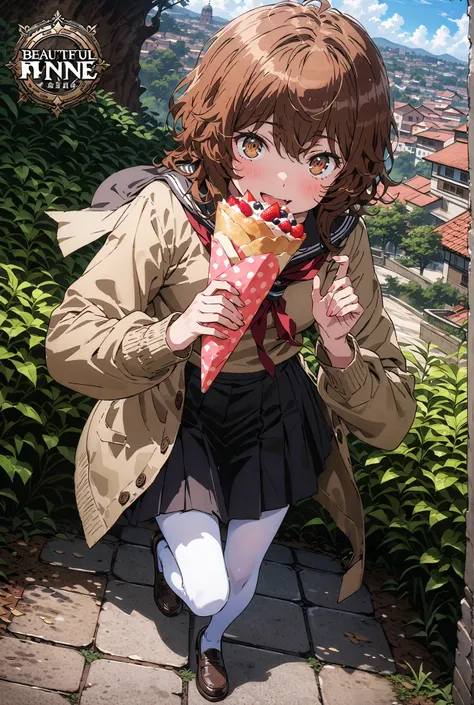 Liliru Card, Lilylka Alde, brown eyes, black cock, smile,cover,opens her mouth,short hair,Black sailor suit,red 弓tie, yellow cardigan , black mini pleated skirt ,white pantyhose as if it were in the illustration,loafers,Holding a crepe with one hand,garden...