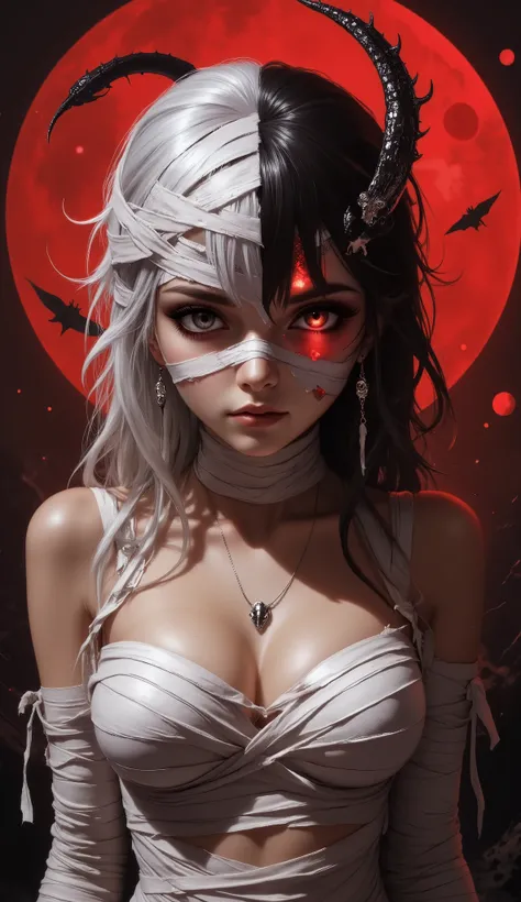 1 girl, Masterpiece, white skin, cinematic lighting, crazy look,
 (Long split hair (left: glowing silver moonlight, right: deep, matte black darkness:1.5)), soft curls.
- Heterochromatic eyes (left: matte black, right: fiery ruby ​​red), long eyelashes, th...