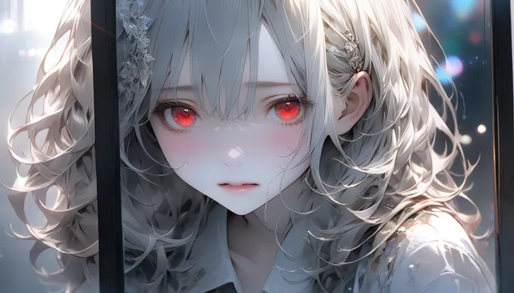Girl looking into a mirror with teary eyes, mouthing "I’m fine", reflection distorting subtly, emotional expression, The scene conveys a sense of inner conflict and introspection, highlighting doubt and anxiety. Highly detailedElegant and detailed, adding...