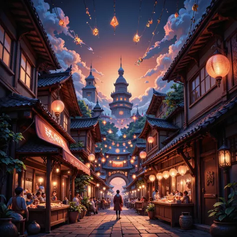 Ichiai philosophy in the ink wash style, Square window frames wrap a lively market,lantern and tea stand details, Amber and brick red as the main colors, Floating in the sky with translucent geometric chains and paper,Dark blue lines with ink on the backgr...