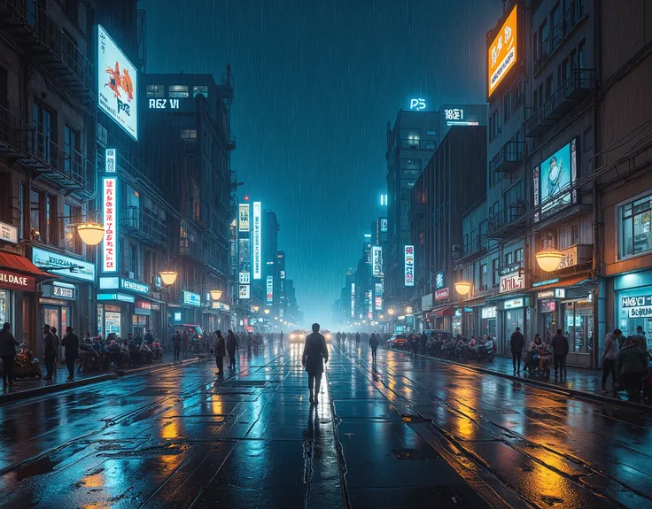 8,000 , masterpiece ,Highest Quality, Medium shot,symmetry,head-up view, and no figures,Rainy Night, High Tech,Cyberpunk City,