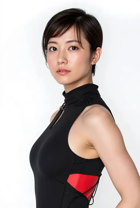 future、 ((best quality)), clear outline, Beautiful Japanese Women, (((1 girl,Alone))), ((beautiful eyes)), Detailed Details ,Focus on the eye 、written border depth:f11,curvy、 black and red 、very short hair、 Determined Poses 、stand、Braided bodysuit、 T-back...