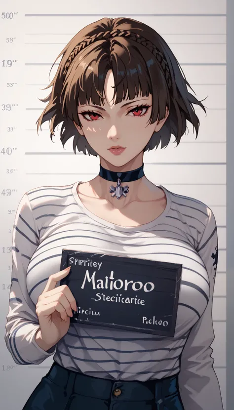 Makoto niijima,choker, Big breasts, G-cup breasts, masterpiece, best quality, illustration, suspect photo, height chart, 1 girl, upper body, holding a sign, looking at the viewer, short black hair, beautiful narrowed eyes, prison clothes, striped shirt 