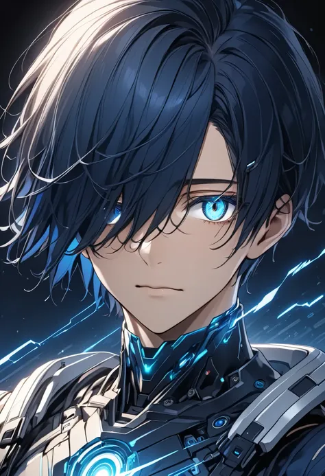 cybernetical eye, android young man, eye trail, Eyes that shine blue, blue afterglow in the eyes,