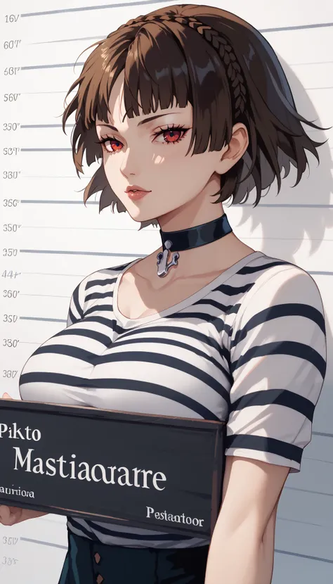 Makoto niijima,choker, Big breasts, G-cup breasts, masterpiece, best quality, illustration, suspect photo, height chart, 1 girl, upper body, holding a sign, looking at the viewer, short black hair, beautiful narrowed eyes, prison clothes, striped shirt 