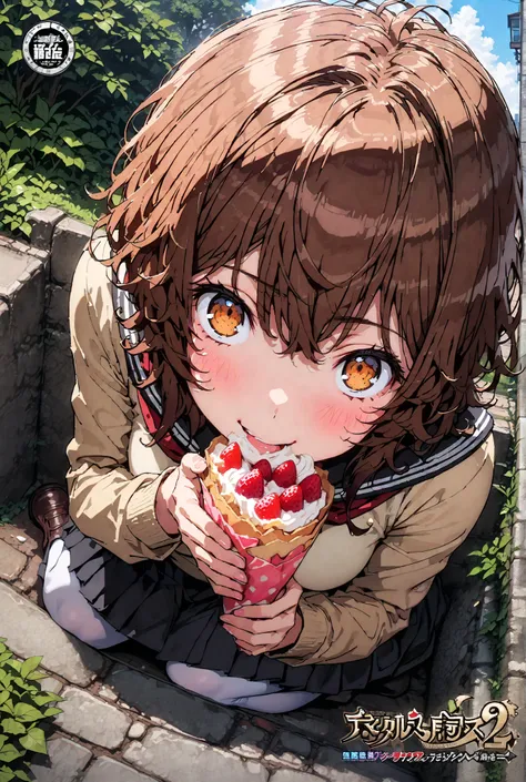 Liliru Card, Lilylka Alde, brown eyes, black cock, smile,cover,opens her mouth,short hair,Black sailor suit,red 弓tie, yellow cardigan , black mini pleated skirt ,white pantyhose as if it were in the illustration,loafers,Holding a crepe with one hand,sittin...