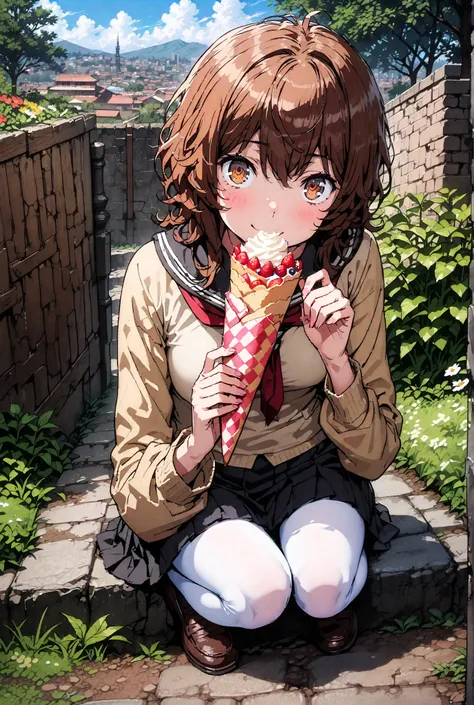 Liliru Card, Lilylka Alde, brown eyes, black cock, smile,cover,opens her mouth,short hair,Black sailor suit,red 弓tie, yellow cardigan , black mini pleated skirt ,white pantyhose as if it were in the illustration,loafers,Holding a crepe with one hand,sittin...