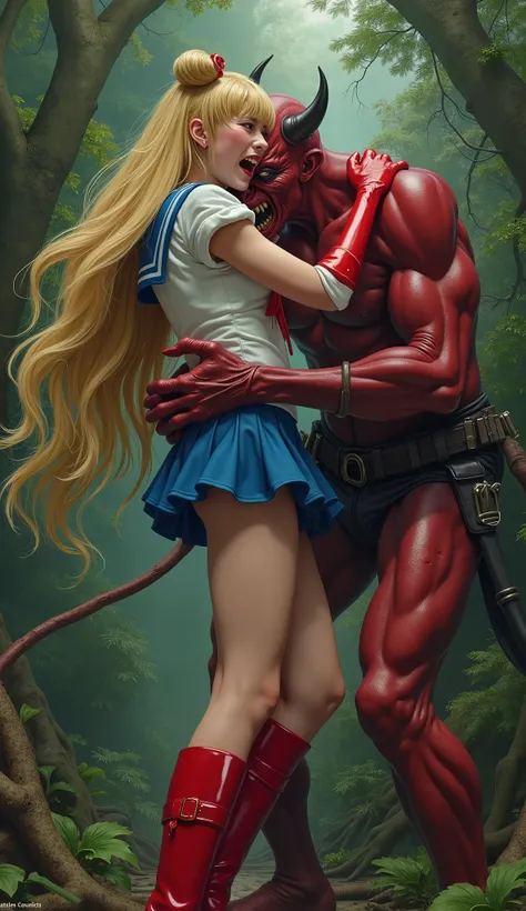 Hyperrealism, masterpiece, highest quality, A young Japanese woman is bending down and hugging from behind by a devil, ((she is crying and screaming in pain)), tears from her eyes, painful face, she is wearing a Sailor Moon costume, Blue sailor collar, Blu...