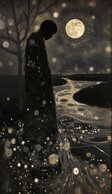 A poetic, dark painting of a lone figure standing beneath a vast, starless sky, their silhouette dissolving into the surrounding shadows like ink bleeding into water. A faint silver glow lingers at their fingertips, as if holding onto the last trace of som...