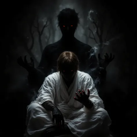 male antagonist cute evil cyber samurai knight , short brown hair , , rising hand in divine gesture , oni half face mouth mask , flaming blue eyes ,, dark half reflection in back , solo, (incredible high resolution, masterpiece, top quality, highly detaile...