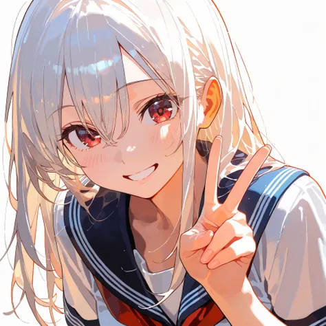 masterpiece, best quality, woman, smiling, making a peace sign, looking at viewer, long hair, hair between eyes, white hair, red eyes, sailor uniform, white background, upper body
