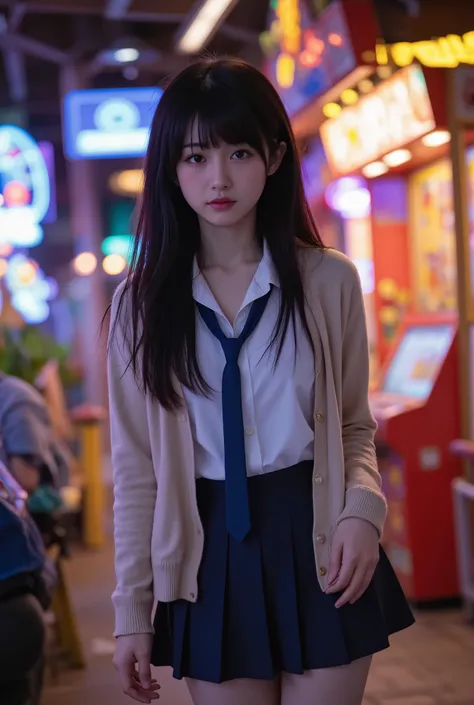 A young high school girl standing under the neon lights of a city at night, wearing a slightly oversized cardigan over her school uniform, with a long necktie neatly tied over her white blouse. The cardigan is unbuttoned, revealing the full length of her t...