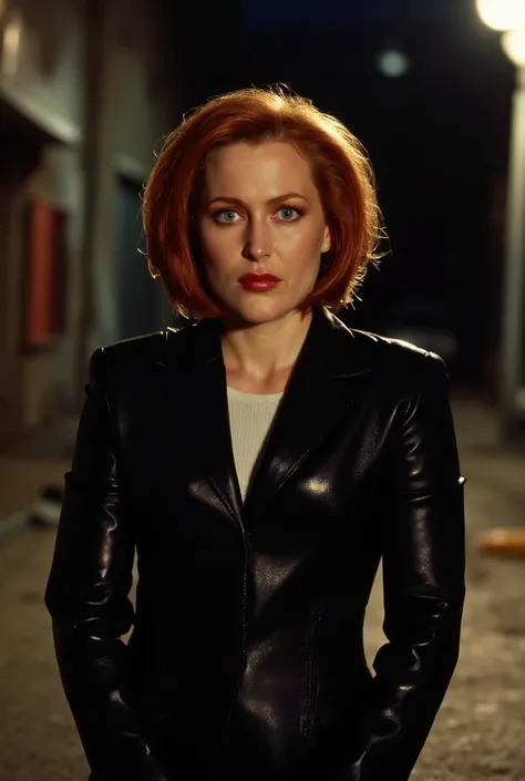 a realistic photo of young Dana Scully in a catwoman suit, red hair, black tight catwoman suit, (low-cut neckline), (small breasts), night, empty street, cinematic lighting, perfect anatomy, high quality, photorealism 8k, soft shadows,  8k uhd , dslr