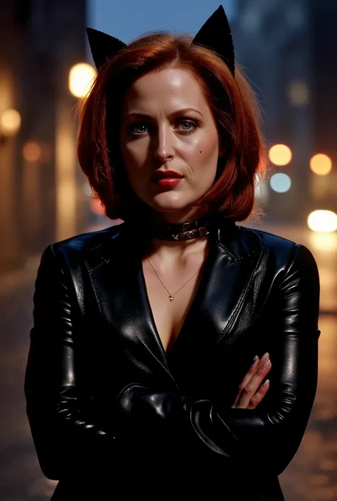 a realistic photo of young Dana Scully in a catwoman outfit, red hair, black tight catwoman outfit, fake cat ears, (low-cut neckline), (small breasts), night, empty street, cinematic lighting, perfect anatomy, high quality, photorealism 8k, soft shadows, ...