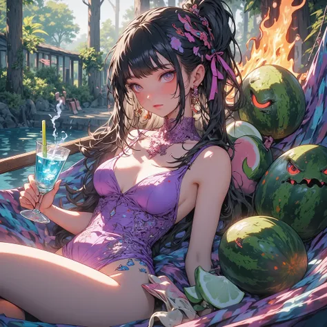 sexy、easy 、Otherworld Fantasy Summer Vacation Food Theme,Purple Transparent Lace Swimsuit, lying in a hammock,hand-held blue cocktail,Show Lazy Charm,Green Plant Watermelon,Tropical Resort Ambience,Flame Monster Yakiniku,high quality DVD,4K High Resolution...