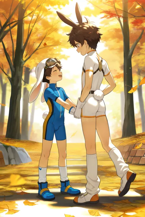 a boy, short hair,Boy in a blue and white bodysuit,Standing,cute,A with brown hair in white cotton socks,Goggles,looped rabbit ears, masterpiece, best quality ,male focus, Shota,enjoy,autumn,Short sleeve,happy