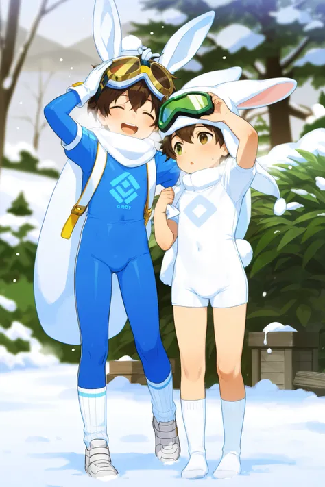 a boy, short hair,Boy in a blue and white bodysuit,Standing,cute,A with brown hair in white cotton socks,Goggles,looped rabbit ears, masterpiece, best quality ,male focus, Shota,enjoy,winter,Short sleeve,happy