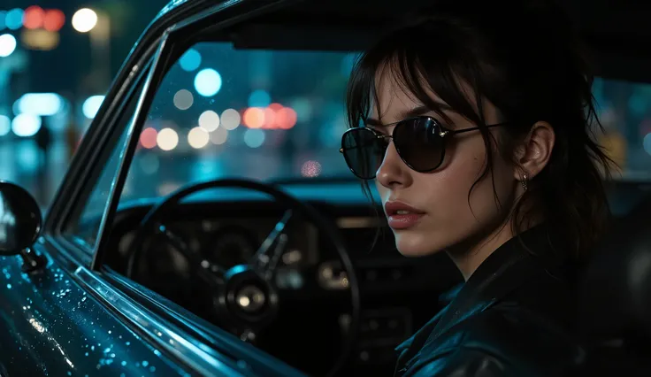 A cinematic portrait of a female fashion model with tousled hair and dark sunglasses sitting in a dimly lit car. The model has a calm, enigmatic expression. The soft, ambient light casts subtle shadows across her face, accentuating her mysterious aura. Ref...