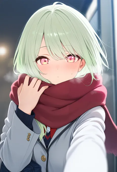 Winter school uniform, light green hair, light Red eyes, masterpiece, finely_detailed