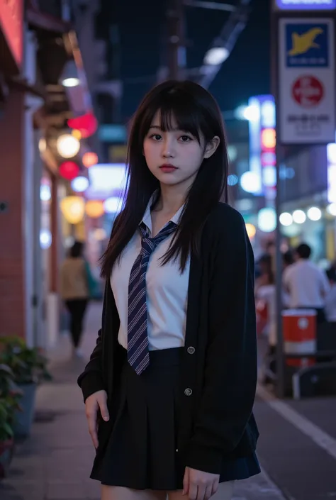 A young high school girl standing under the neon lights of a city at night, wearing a slightly oversized cardigan over her school uniform. Her long necktie is loosely tied, with the top buttons of her white blouse undone, revealing a hint of her collarbone...