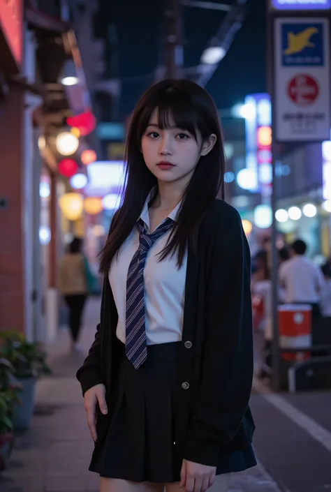 A young high school girl standing under the neon lights of a city at night, wearing a slightly oversized cardigan over her school uniform. Her long necktie is loosely tied, with the top buttons of her white blouse undone, revealing a hint of her collarbone...