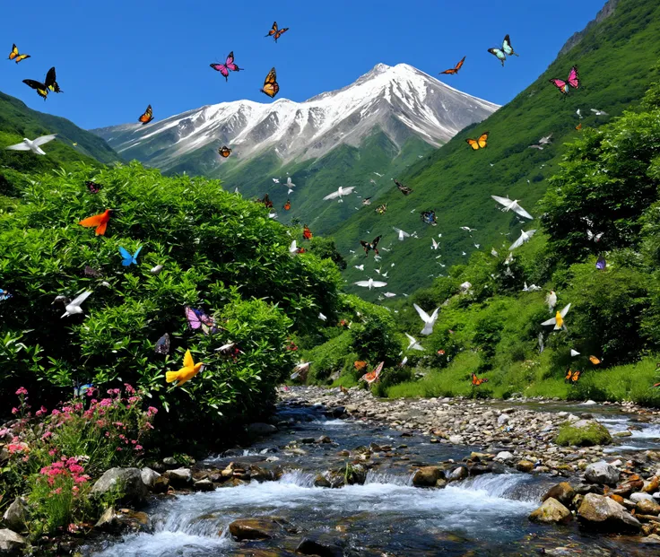 You can see a beautiful blue sky on a mountain made of jewels、The birds and butterflies are colorful and beautiful, and there is also a mountain stream under the mountain, and the view is spectacular