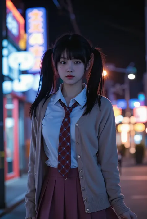 A young high school girl standing under the neon lights of a city at night, wearing a slightly oversized, unbuttoned cardigan over her school uniform. Her long necktie is loosely tied and slightly off-center, with the top buttons of her white blouse undone...
