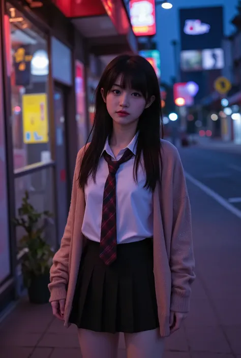 A young high school girl standing under the neon lights of a city at night, wearing a slightly oversized, unbuttoned cardigan over her school uniform. Her long necktie is loosely tied and slightly off-center, with the top buttons of her white blouse undone...