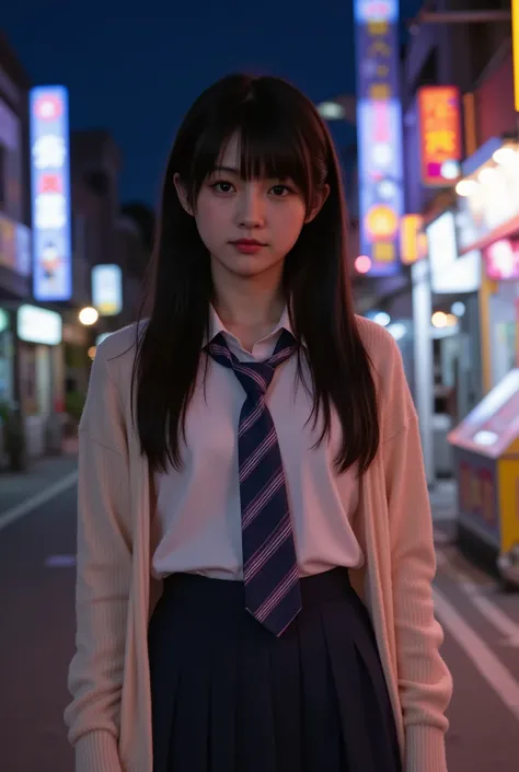 A young high school girl standing under the neon lights of a city at night, wearing a slightly oversized, unbuttoned cardigan over her school uniform. Her long necktie is loosely tied and slightly off-center, with the top buttons of her white blouse undone...