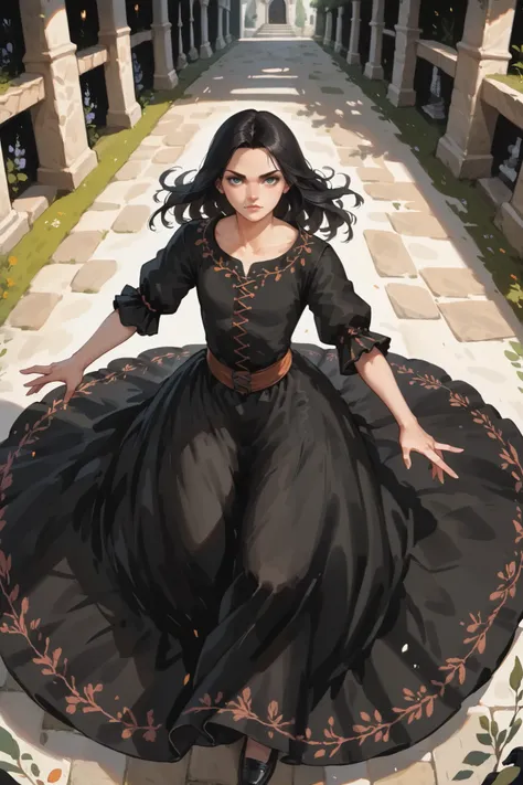 score_9, score_8_up, score_7_up,1girl, black hair, long_hair, wearing a vibrant long peasant medieval dress, long skirt, black shoes, detailed clothing, sketches, darkrealmone, flat painting, msmln, view from above, extreme view from above, dynamic pose, 