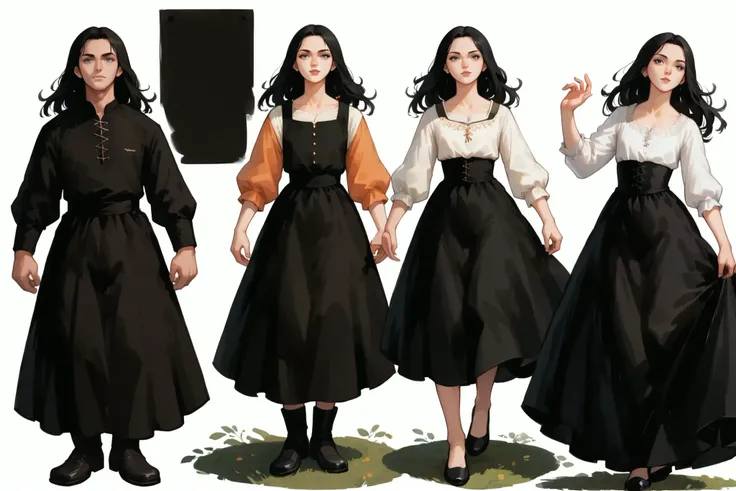 score_9, score_8_up, score_7_up,1girl, black hair, long_hair, wearing a vibrant long peasant medieval dress, long skirt, black shoes, detailed clothing, sketches, darkrealmone, flat painting, msmln, view from above, extreme view from above, dynamic pose,  ...