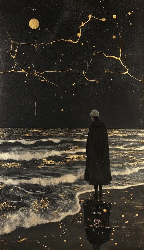 A melancholic, painterly image of a lone figure standing at the edge of an infinite, obsidian ocean, where the waves move not with water, but with liquid shadow. Above them, a vast sky, devoid of stars, stretches endlessly, yet within its darkness, faint g...
