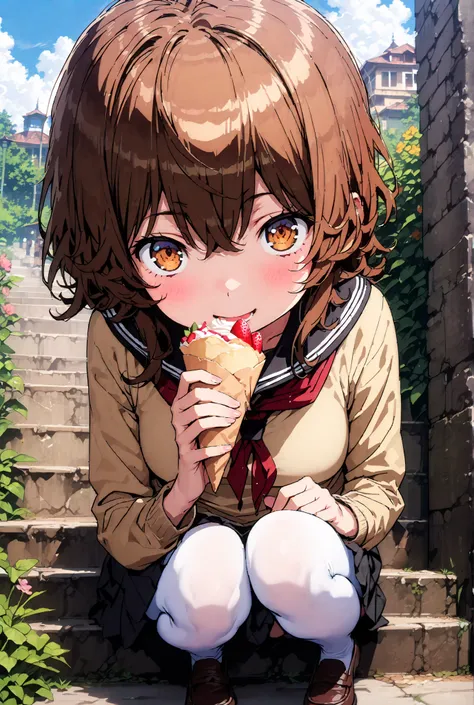 Liliru Card, Lilylka Alde, brown eyes, black cock, smile,cover,opens her mouth,short hair,Black sailor suit,red 弓tie, yellow cardigan , black mini pleated skirt ,white pantyhose as if it were in the illustration,loafers,Holding a crepe with one hand, is si...