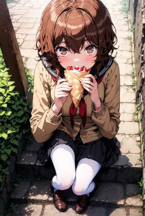 Liliru Card, Lilylka Alde, brown eyes, black cock, smile,cover,opens her mouth,short hair,Black sailor suit,red 弓tie, yellow cardigan , black mini pleated skirt ,white pantyhose as if it were in the illustration,loafers,Holding a crepe with one hand, is si...