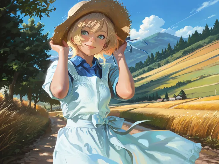 HDR, 8K, high contrast, masterpiece, best quality, amazing quality, very aesthetic, traditional paint artstyle, realistic, newest, Kinu Nishimura, Sungmoo style
BREAK
a blonde woman standing in a farm, flowing dress, farmer's hat, holding onto hat, looking...