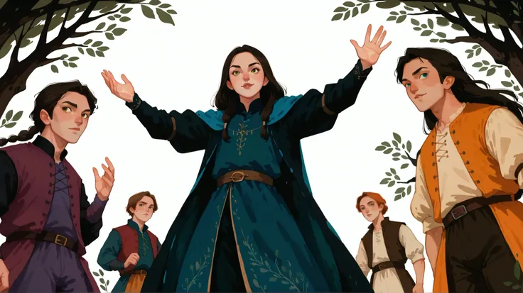 score_9, score_8_up, score_7_up, 2girl, 3boys, different characters, standing, long hair, wearing a vibrant medieval clothing, detailed clothing, sketches, darkrealmone:1.5, flat painting, msmln, character sheet, extreme angle pov,, dynamic pose, standing ...