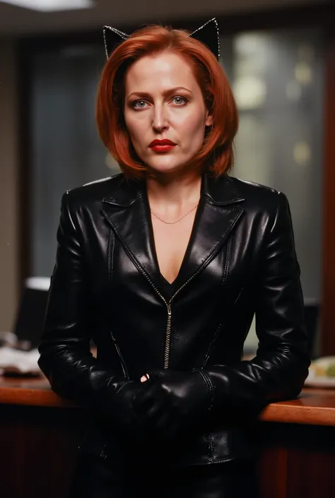 a realistic photo of gorgeous young Dana Scully in a catwoman outfit, red hair, bob haircut, black tight catwoman outfit, (fake cat ears), (low-cut neckline), (small breasts), (deep cleavage), Dana Scully has a headband with black fake cat ears on her head...
