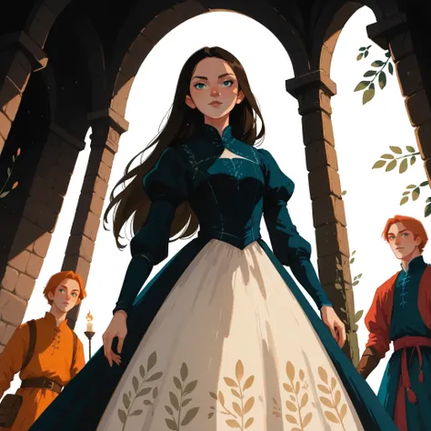 score_9, score_8_up, score_7_up, 2girl, 3boys, different characters, standing, long hair, wearing a vibrant medieval clothing, detailed clothing, sketches, darkrealmone:1.5, flat painting, msmln, character sheet, extreme angle pov,, dynamic pose, standing ...