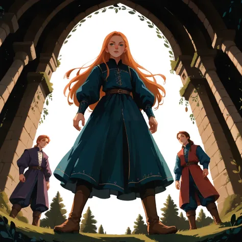 score_9, score_8_up, score_7_up, 2girl, 3boys, different characters, standing, long hair, wearing a vibrant medieval clothing, detailed clothing, sketches, darkrealmone:1.5, flat painting, msmln, character sheet, extreme angle pov,, dynamic pose, standing ...