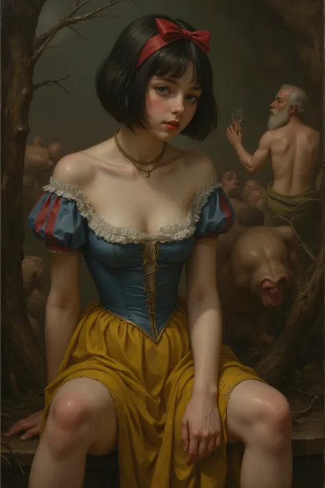 ((NSFW))
rmbt,
18th century,

One girl, seven men,
Young Snow White, Snow White gang-raped by seven dwarfs,
Everyone says Snow White is slutty,
She has short black bob hair with red ribbons,
She has white skin like snow,
She wears a blue bodice and a yello...