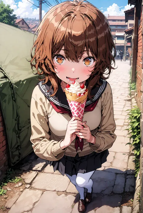 Liliru Card, Lilylka Alde, brown eyes, black cock, smile,cover,opens her mouth,short hair,Black sailor suit,red 弓tie, yellow cardigan , black mini pleated skirt ,white pantyhose as if it were in the illustration,loafers,Holding a crepe with one hand,School...