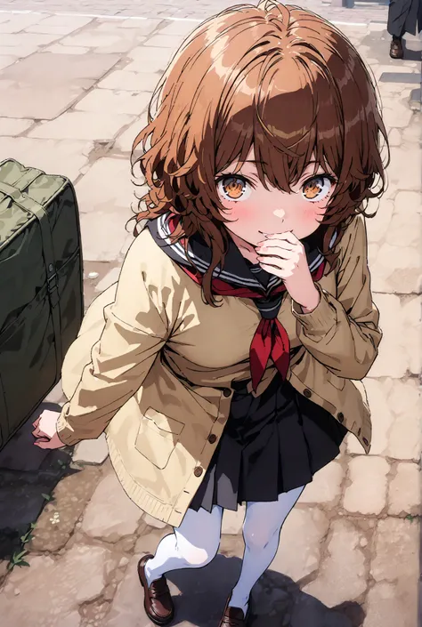 Liliru Card, Lilylka Alde, brown eyes, black cock, smile,cover,opens her mouth,short hair,Black sailor suit,red 弓tie, yellow cardigan , black mini pleated skirt ,white pantyhose as if it were in the illustration,loafers,Holding a crepe with one hand,School...