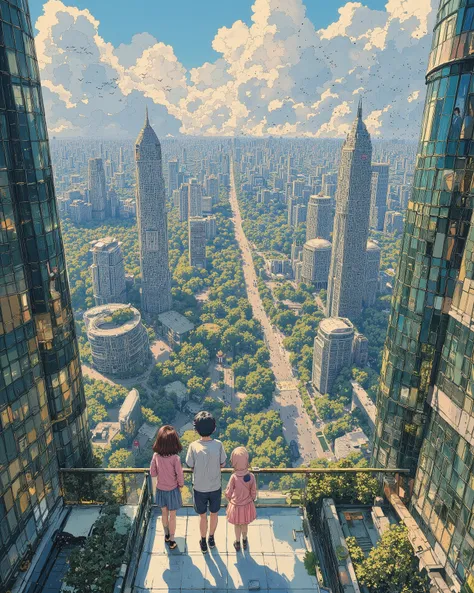 A breathtaking anime-style digital painting of a young man and woman standing inside a modern glass-walled building, overlooking a vast futuristic cityscape with lush green parks. The scene is bathed in golden sunlight, casting soft shadows. The sky is fil...